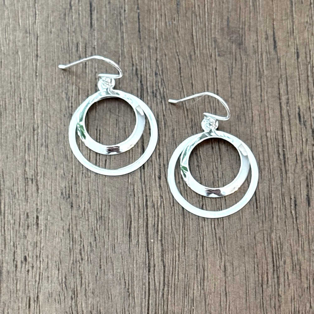 925 Sterling Silver Double Circle Dangle Earrings! NEW! - Picture 2 of 4